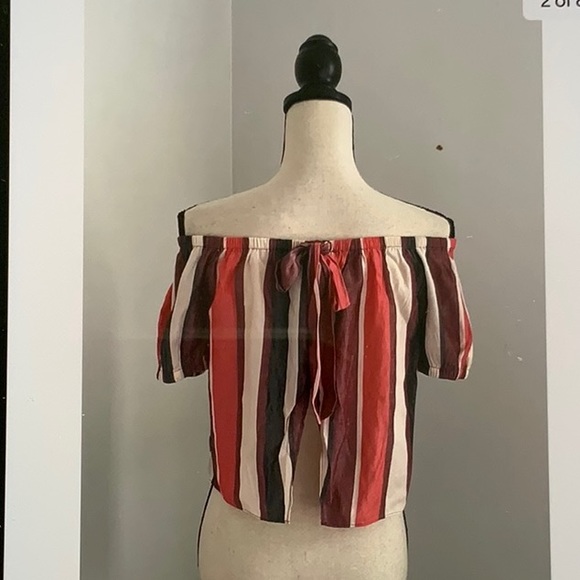 EXPRESS Multicolor Off the Shoulder Striped Crop Top, Short Sleeve Tie Back NWT - Picture 5 of 6